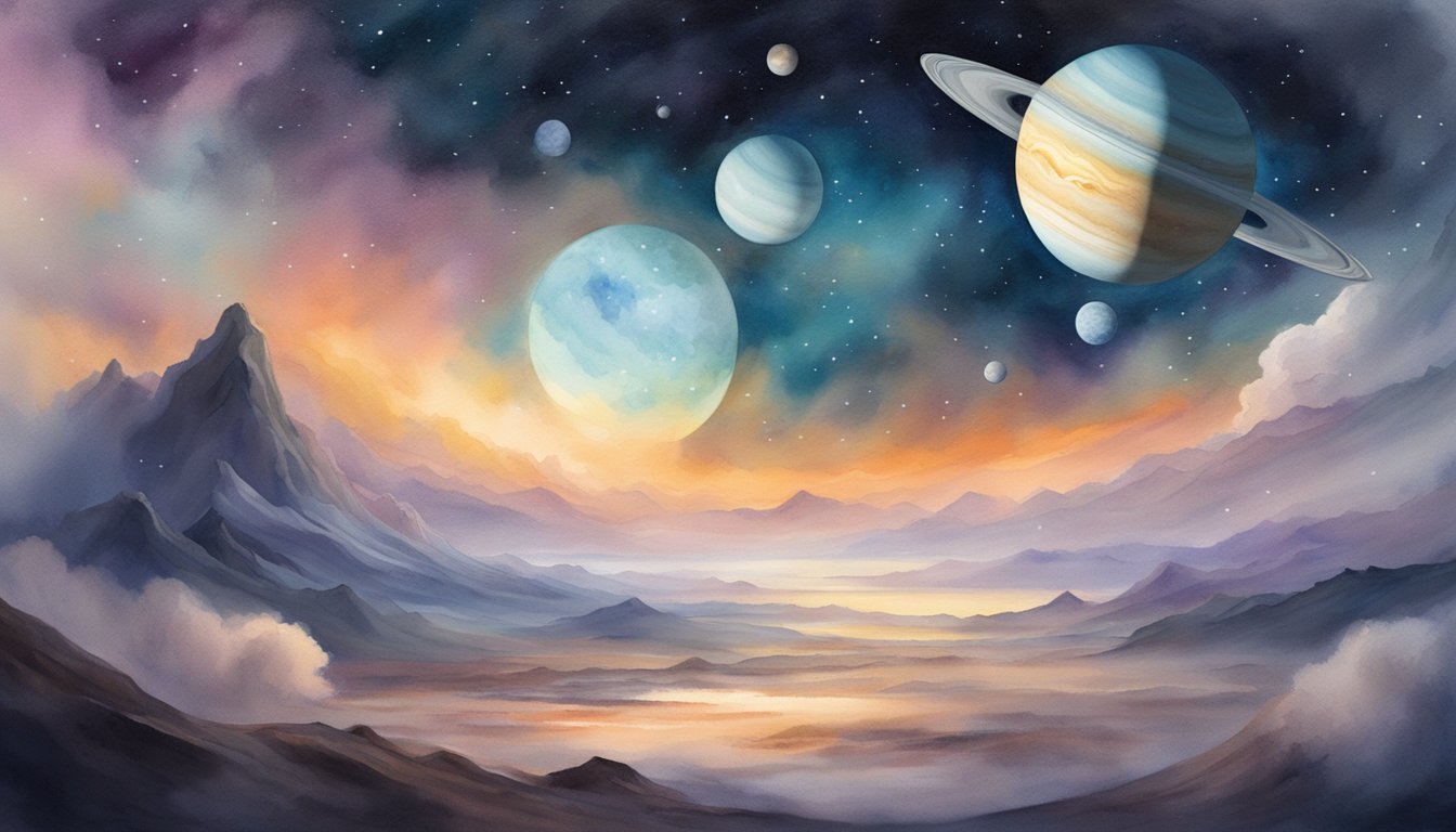 Surreal landscape with planets over mountainous twilight horizon.