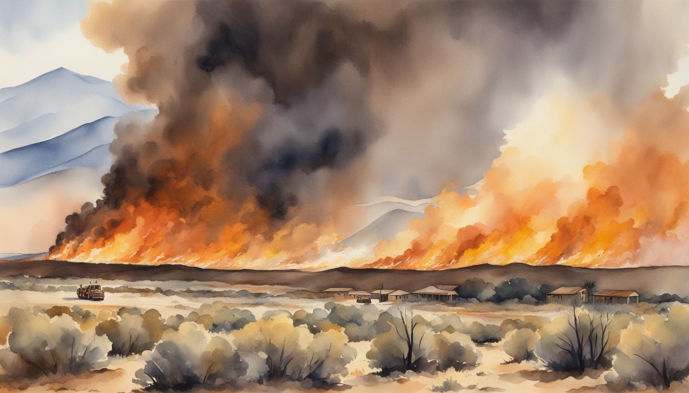 Watercolor painting of wildfire spreading across a desert landscape.