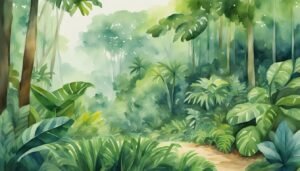 Watercolor tropical rainforest with lush greenery and path.