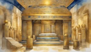 Watercolor illustration of ornate ancient Egyptian tomb interior.