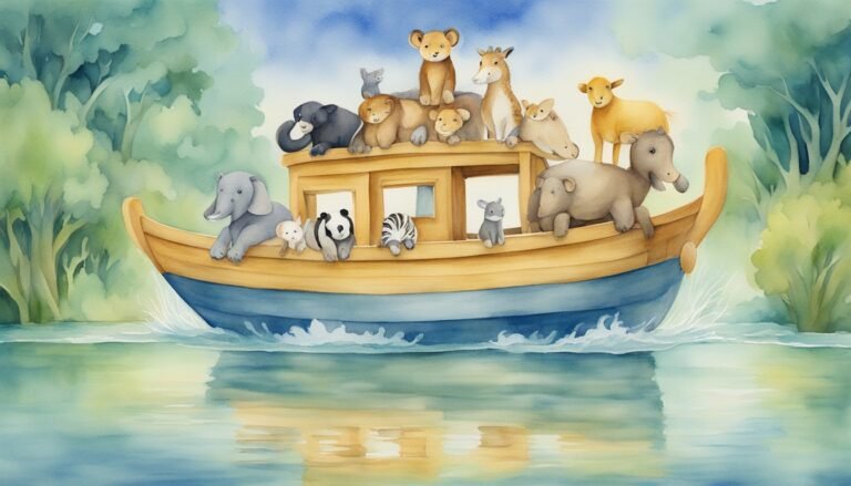 Watercolor painting of assorted animals on a boat.