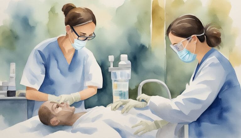 Watercolor of nurses treating patient in clinic.