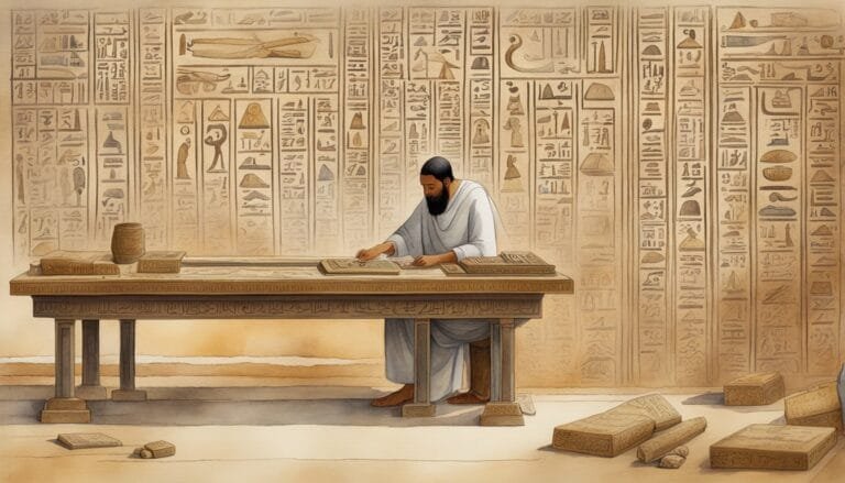 Ancient Egyptian scribe writing on papyrus in a scriptorium.