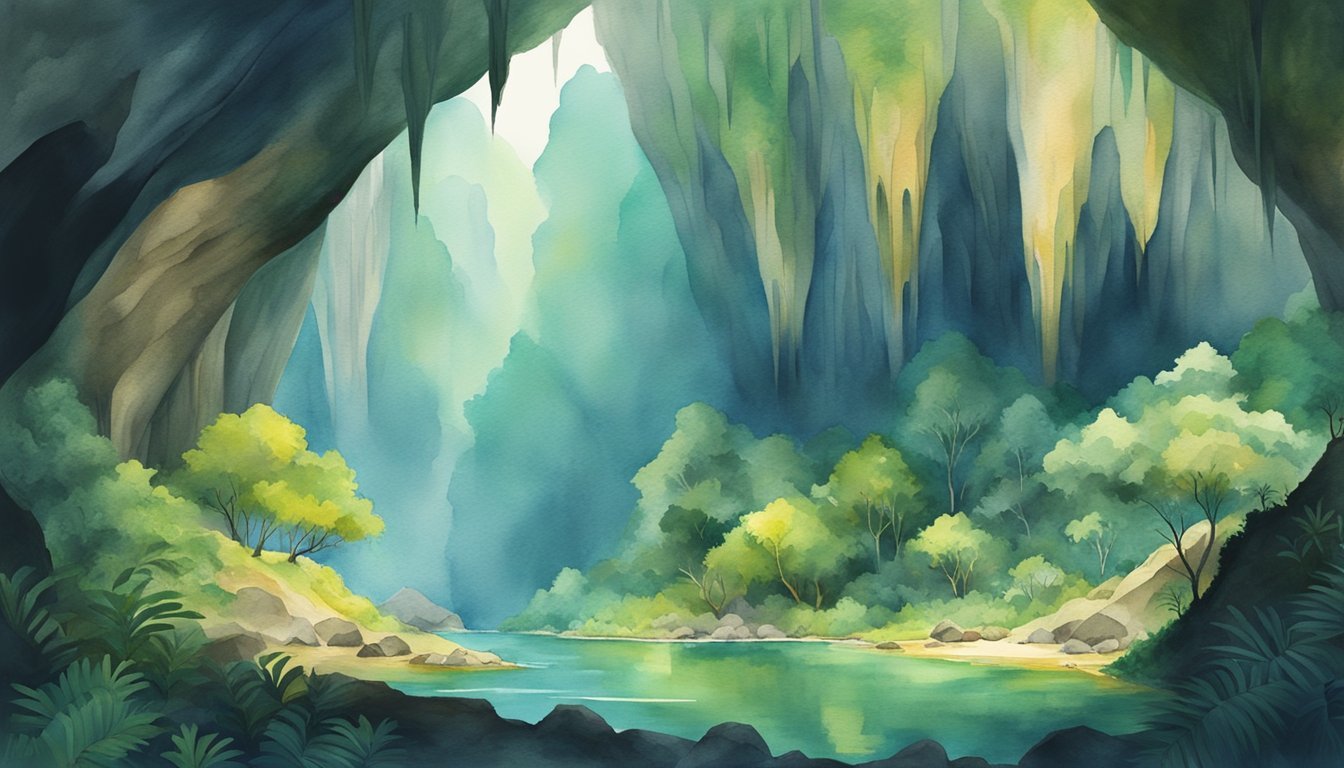 Mystical forest river landscape with lush greenery and cliffs