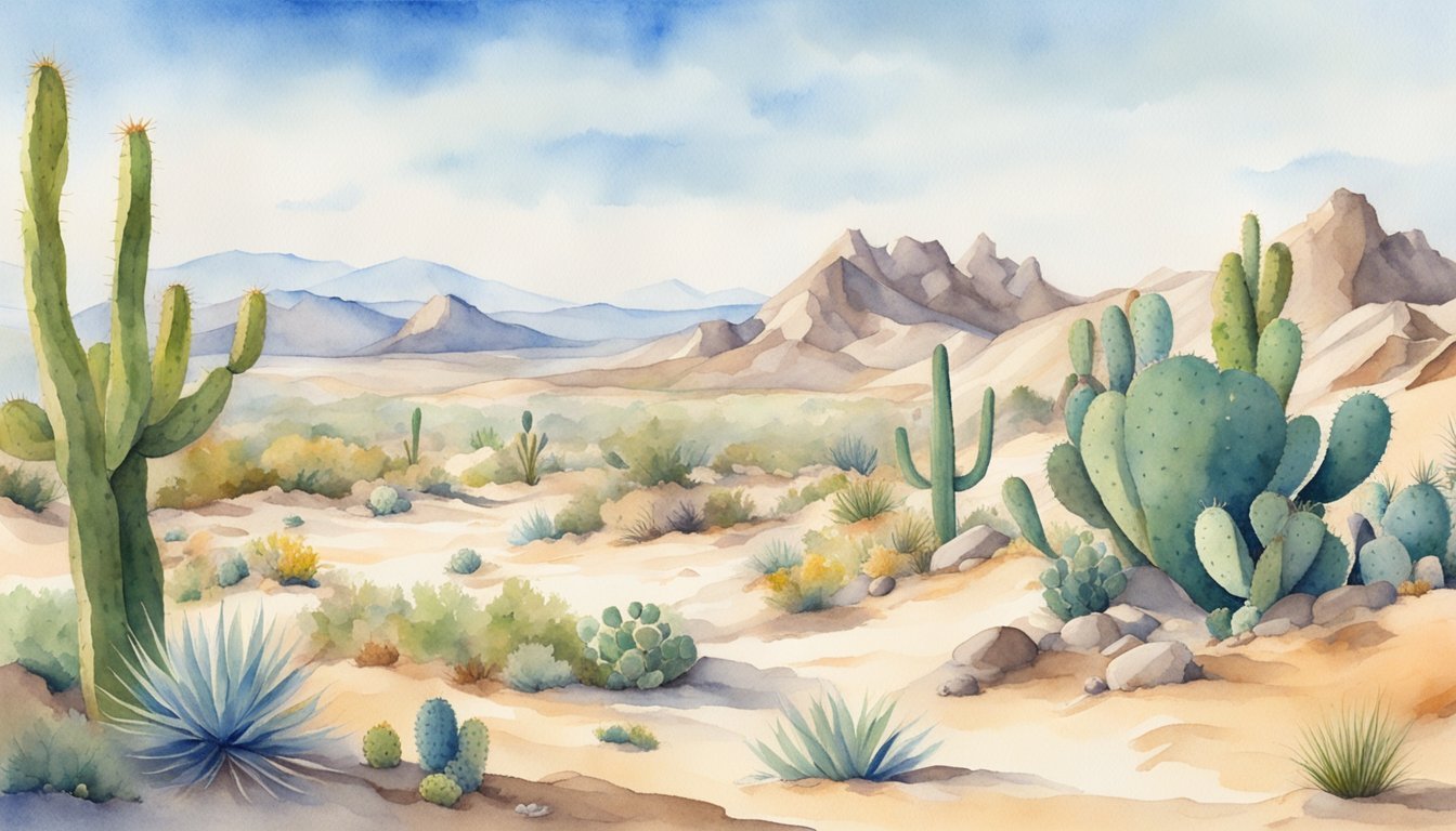 Watercolor desert landscape with cacti and mountains.