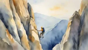 Climber ascending mountain peaks in watercolor landscape.