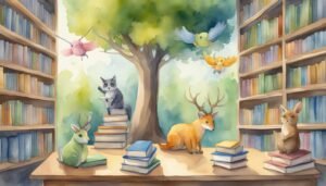 Enchanted animals reading in whimsical library setting.