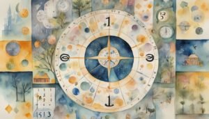 Watercolor painting of whimsical navigation chart with celestial motifs.