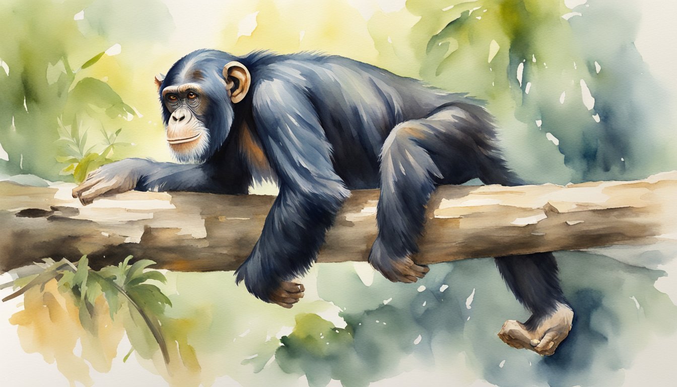 Chimpanzee resting on tree branch, watercolor painting.