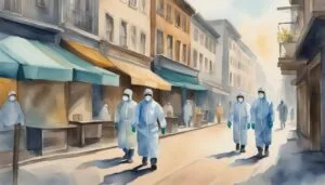 Healthcare workers in protective gear on city street.
