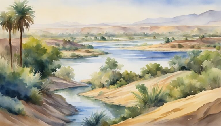 Watercolor painting of a serene river landscape with palms.