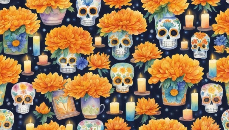 Colorful Day of the Dead themed illustration with flowers and skulls.