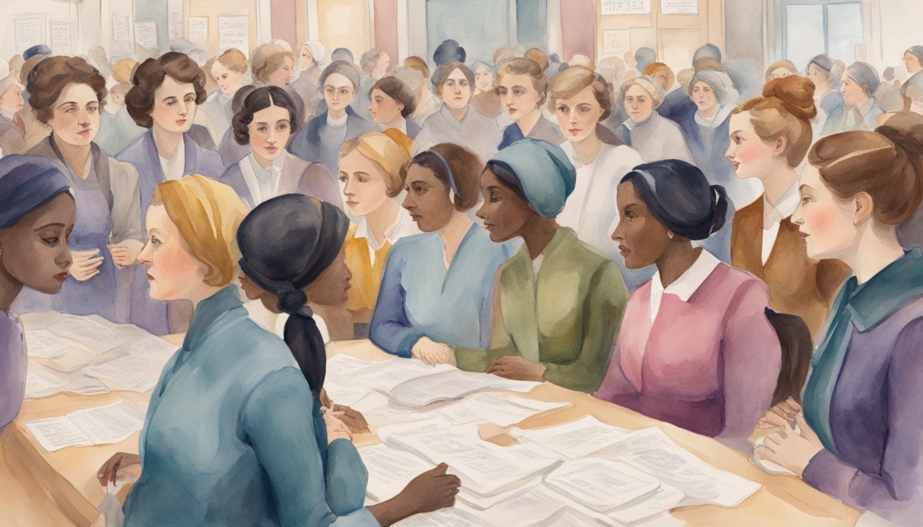 Diverse group of women discussing over documents in office.