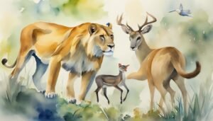 Watercolor painting of lion, deer, fawn, and bird.