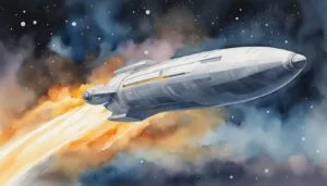 Spaceship soaring through starry sky with fiery trail.