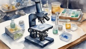 Watercolor illustration of a scientific lab setup.