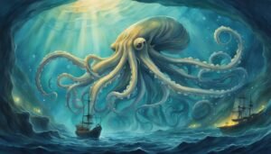 Giant octopus enveloping ships in mystical ocean scene.