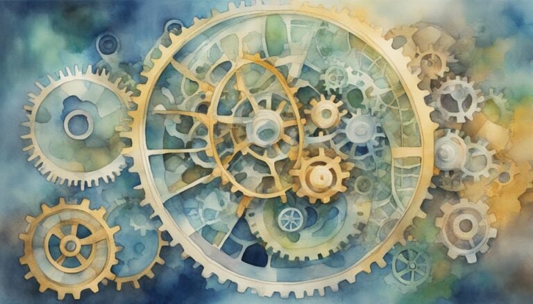 Watercolor painting of interconnected gears and cogs.