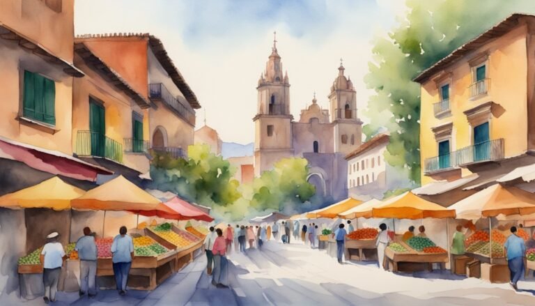 Watercolor of vibrant outdoor market and historic church towers.