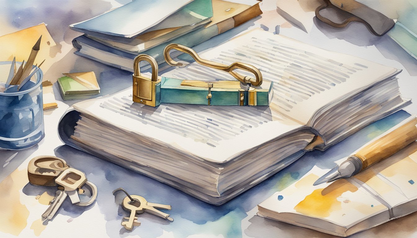 Watercolor painting of books, keys, and lock.