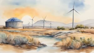 Watercolor of sunset, wind turbines, domed building, tranquil landscape.