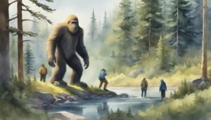 Bigfoot lurking near hikers in misty forest illustration.