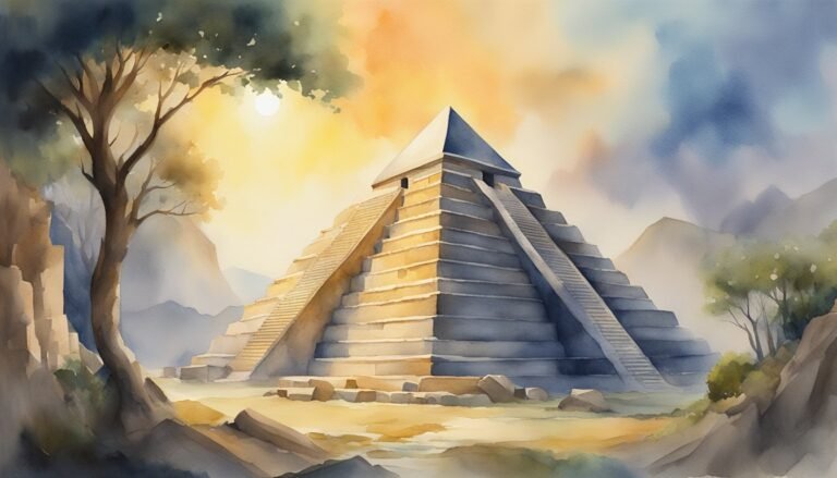 Watercolor painting of an ancient pyramid at sunset.