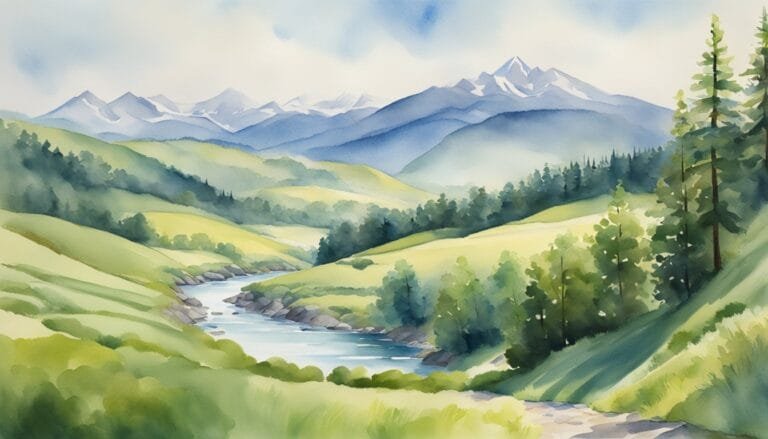 Watercolor landscape of mountains, river, and lush greenery.