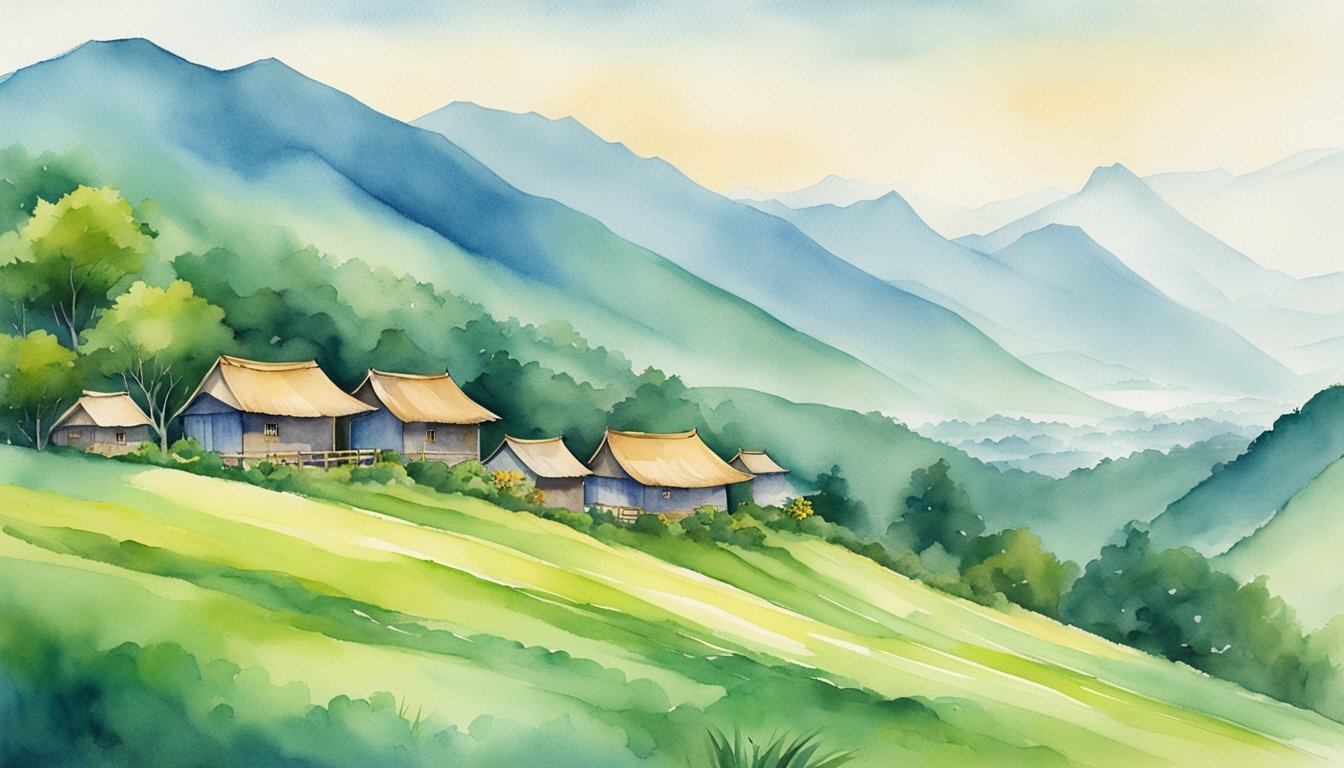 Watercolor landscape with traditional Asian mountain village