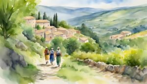 Watercolor of people walking towards village in lush landscape.