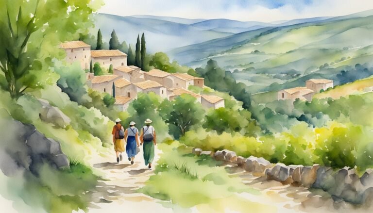 Watercolor of people walking towards village in lush landscape.