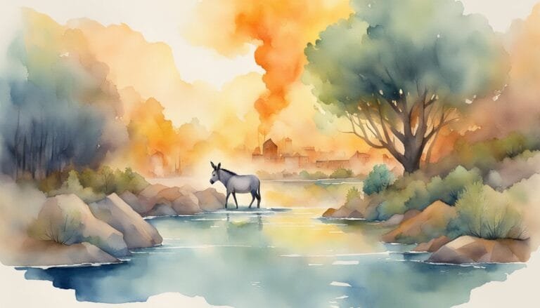 Watercolor donkey by tranquil river and colorful sunset village.