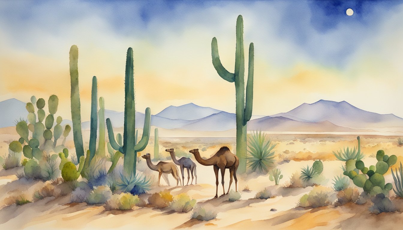 Watercolor of desert landscape with cacti and camels.