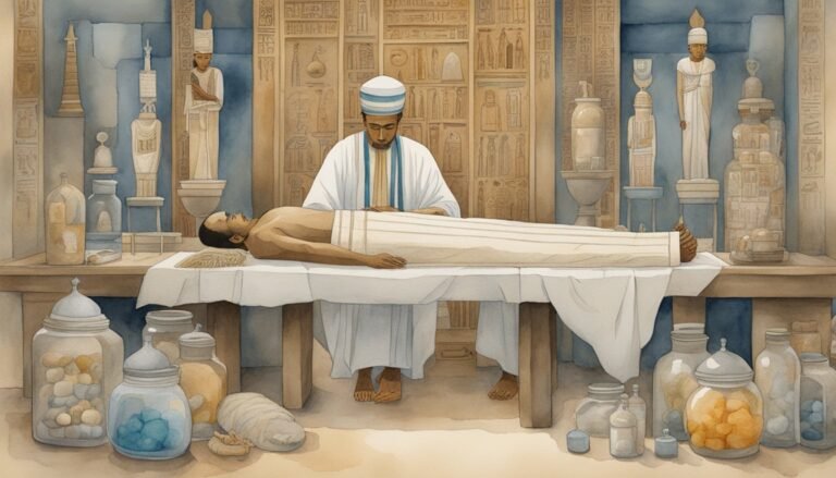 Ancient Egyptian embalming process illustration in a tomb.