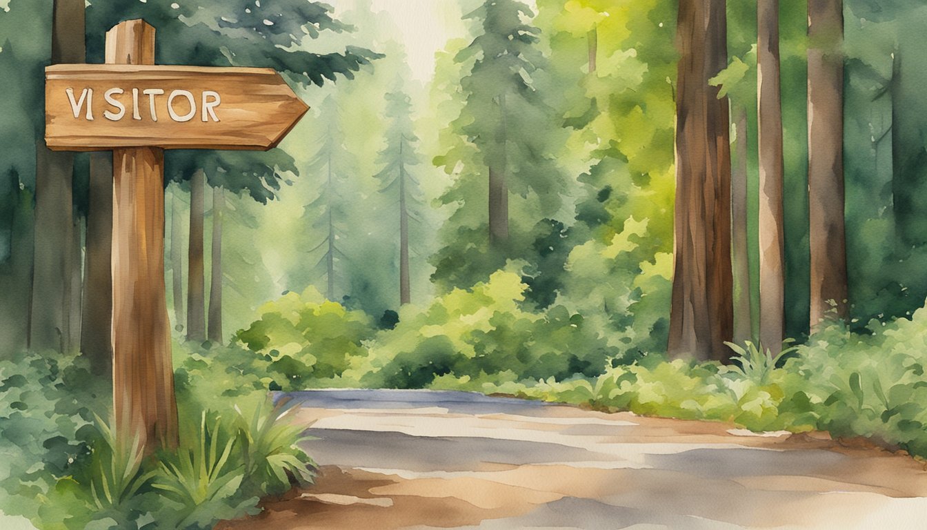 Watercolor painting of forest path with visitor sign.