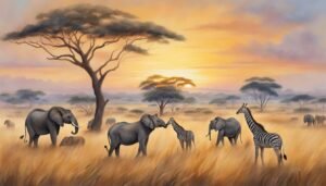 Savannah sunrise with elephants and zebras in serene landscape.