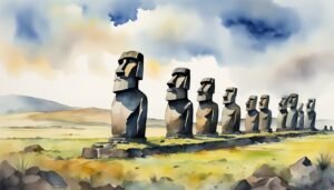 Watercolor painting of Moai statues on Easter Island.