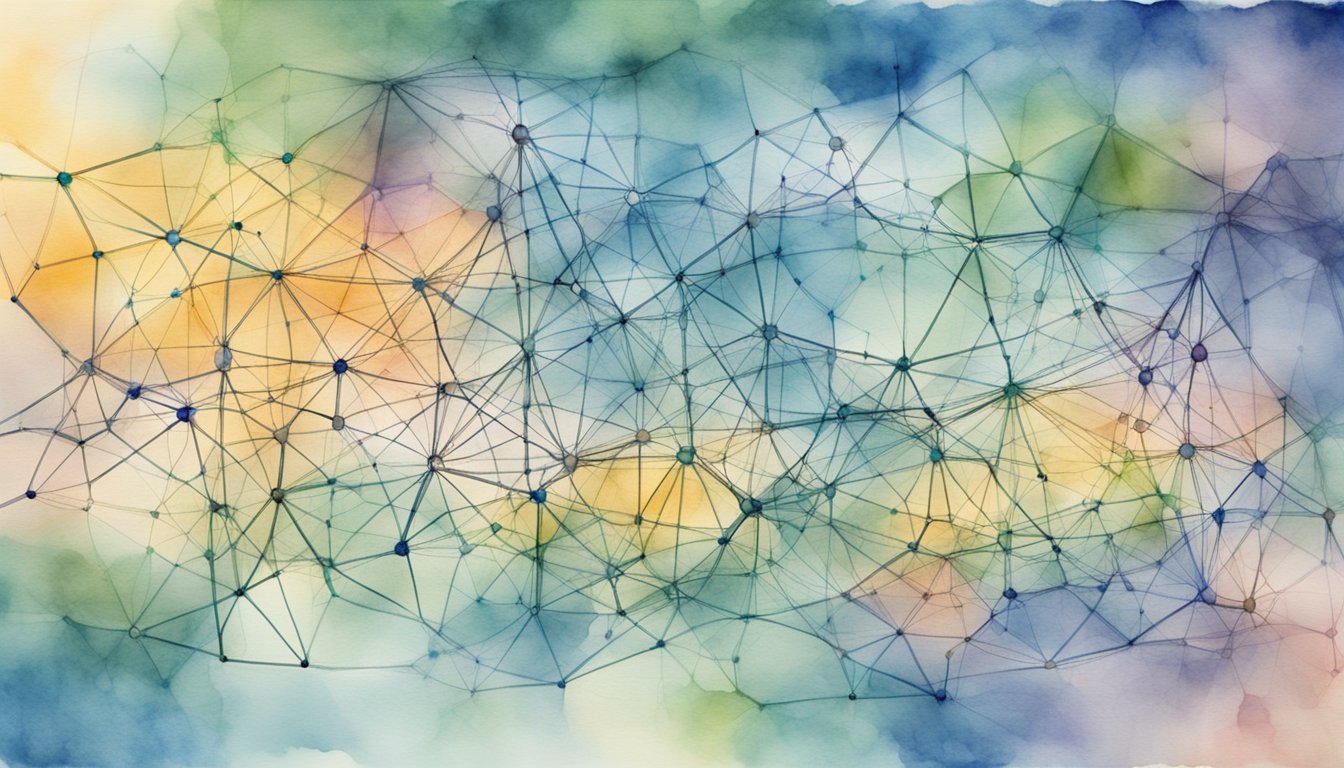 Abstract watercolor network pattern with vibrant colors.