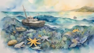 Watercolor painting of boats and marine life.