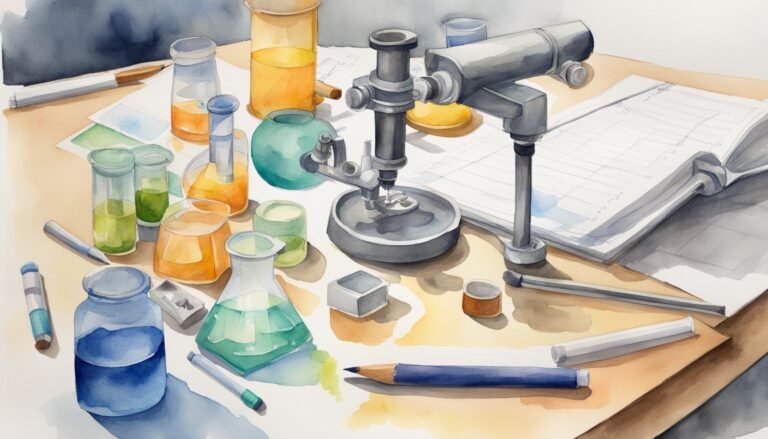 Watercolor painting of laboratory equipment and glassware.