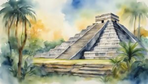 Watercolor painting of ancient pyramid among tropical trees.