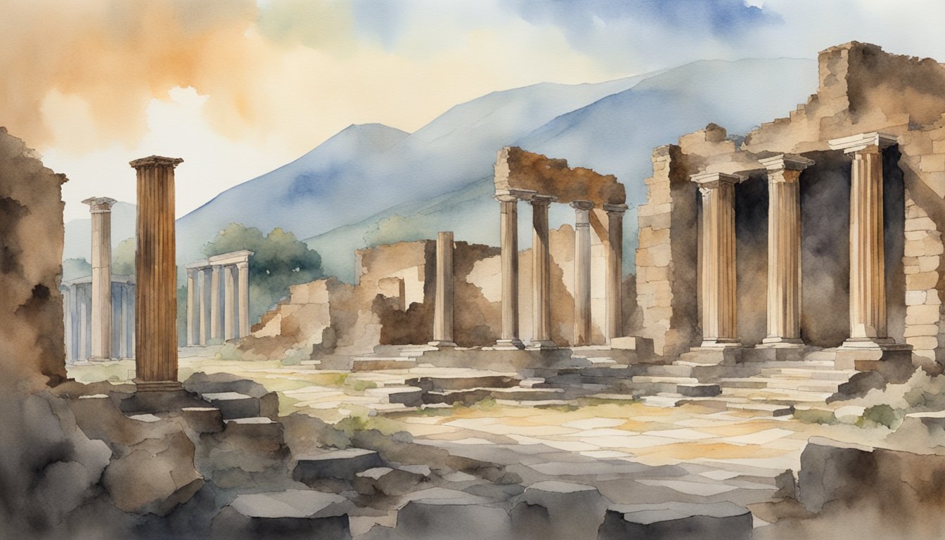 Watercolor painting of ancient ruins with columns and mountains.