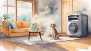 Cozy living room watercolor with dog and air conditioner.