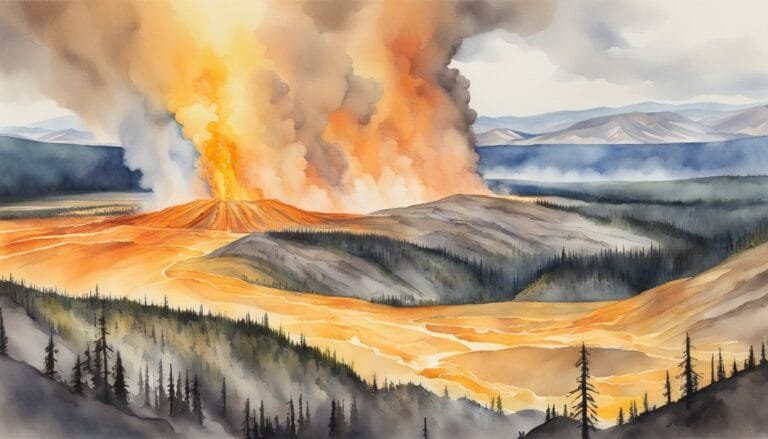 Watercolor painting of erupting volcano in forested landscape.