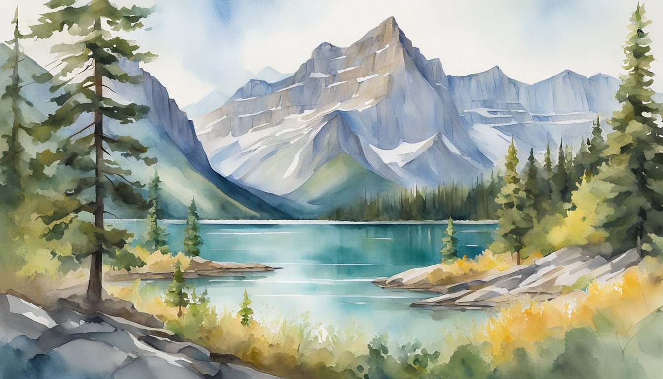 Watercolor painting of serene mountain lake landscape.