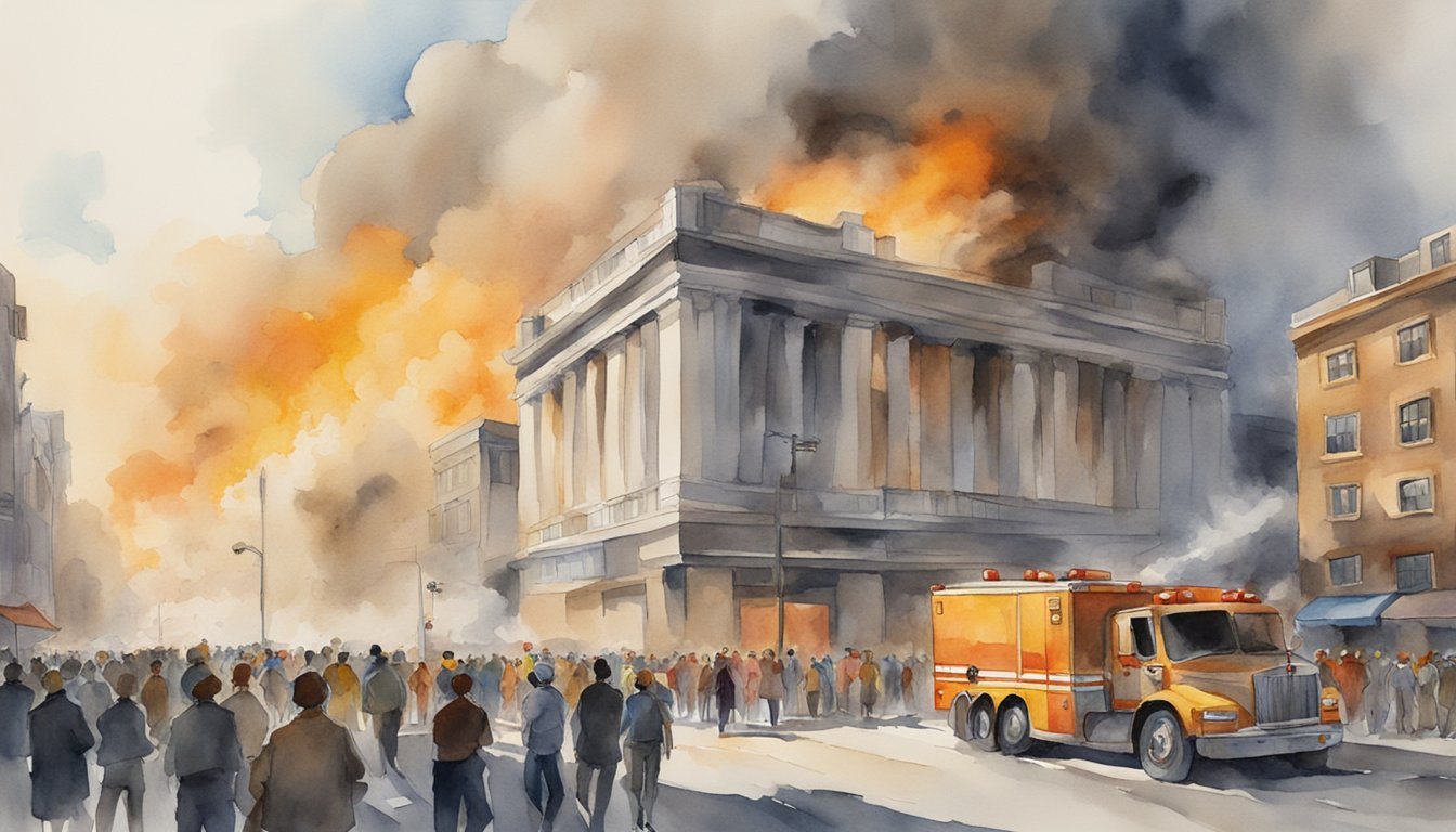 Watercolor of fire truck and crowd near burning building.