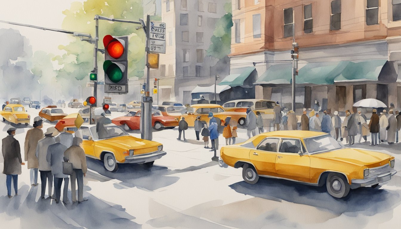 Watercolor painting of busy urban intersection with vintage cars.