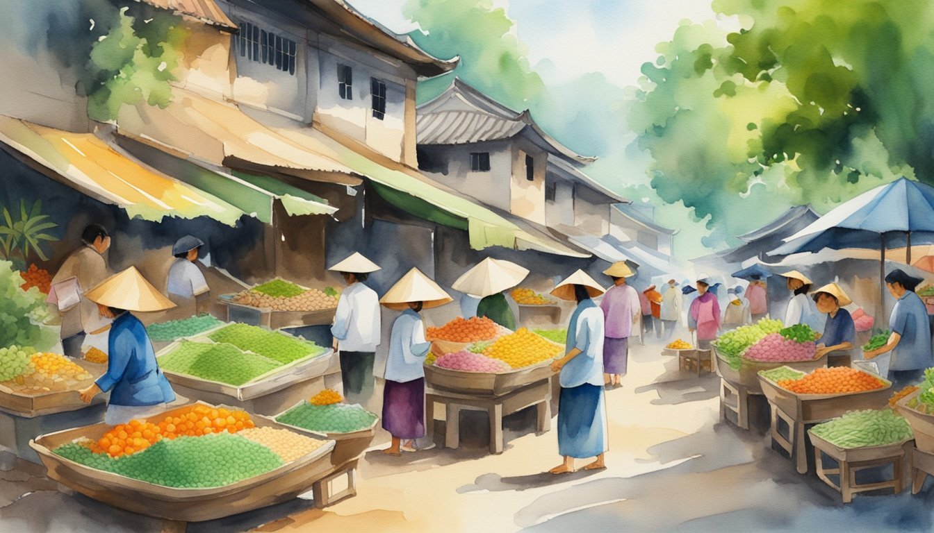 Watercolor of bustling traditional Asian street market.