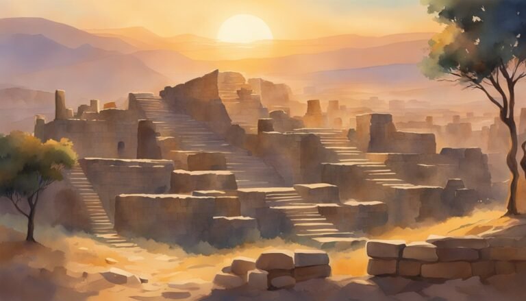 Sunrise over ancient ruins in a desert landscape.