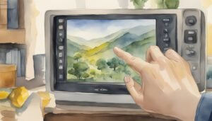 Hand pointing at scenic mountain view on digital tablet screen.